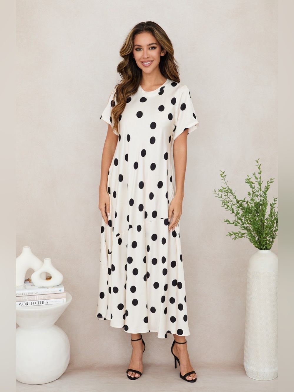 (800872-POLKA-DOT-C/B) POLKA-DOT CAP SLEEVE TIER SEAM MIDI DRESS
